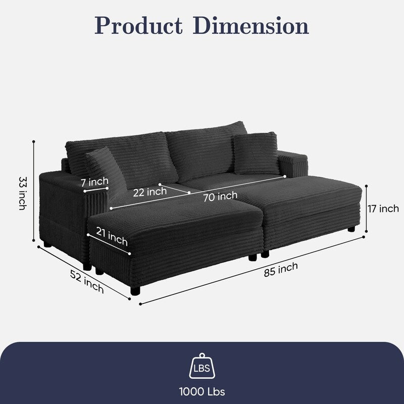 Chaise longue Mixoy 85'' en velours côtelé avec pouf de rangement et accoudoirs, fauteuil inclinable 2 places rembourré pour l'intérieur