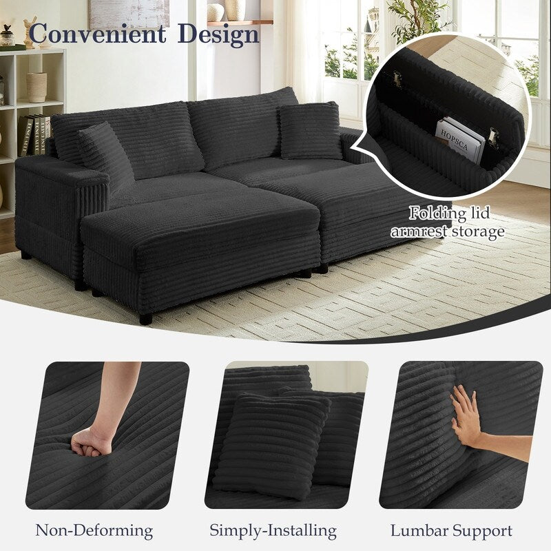 Chaise longue Mixoy 85'' en velours côtelé avec pouf de rangement et accoudoirs, fauteuil inclinable 2 places rembourré pour l'intérieur
