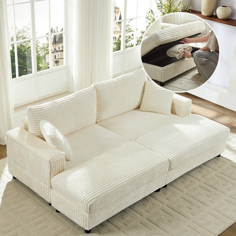 Chaise longue Mixoy 85'' en velours côtelé avec pouf de rangement et accoudoirs, fauteuil inclinable 2 places rembourré pour l'intérieur