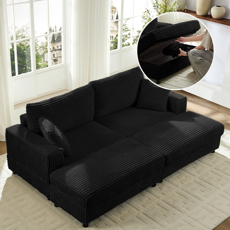 Chaise longue Mixoy 85'' en velours côtelé avec pouf de rangement et accoudoirs, fauteuil inclinable 2 places rembourré pour l'intérieur