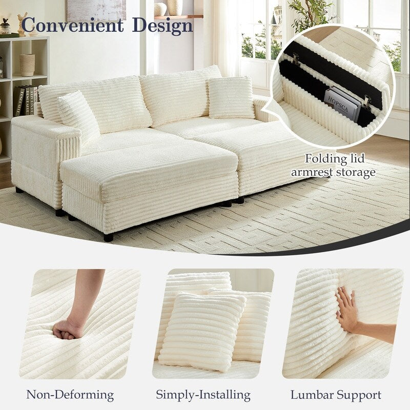 Chaise longue Mixoy 85'' en velours côtelé avec pouf de rangement et accoudoirs, fauteuil inclinable 2 places rembourré pour l'intérieur