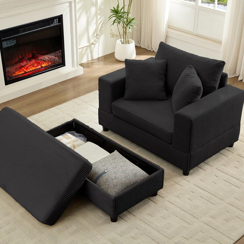 Canapé-lit confortable en velours côtelé Mixoy avec assise profonde et pouf de rangement, canapé-lit 1 place/causeuse rembourré