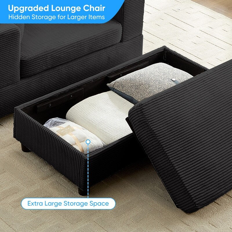 Canapé-lit confortable en velours côtelé Mixoy avec assise profonde et pouf de rangement, canapé-lit 1 place/causeuse rembourré