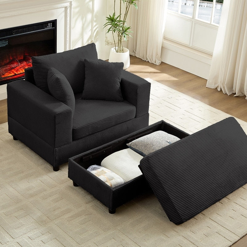 Canapé-lit confortable en velours côtelé Mixoy avec assise profonde et pouf de rangement, canapé-lit 1 place/causeuse rembourré