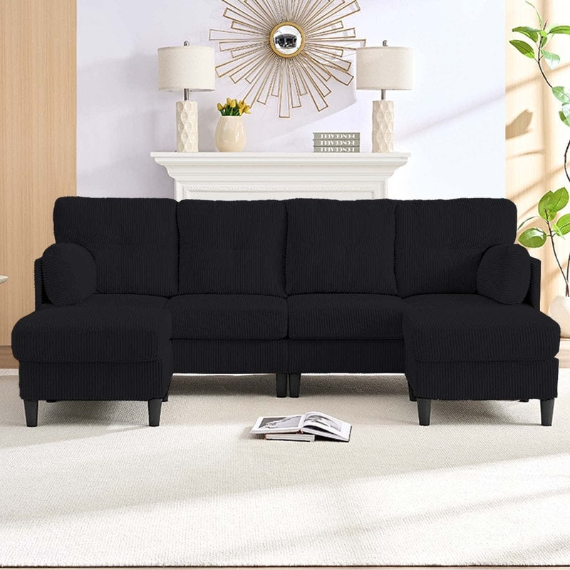 Canapé sectionnel convertible modulaire en U en velours côtelé Mixoy, canapé 4 places rembourré avec pouf amovible