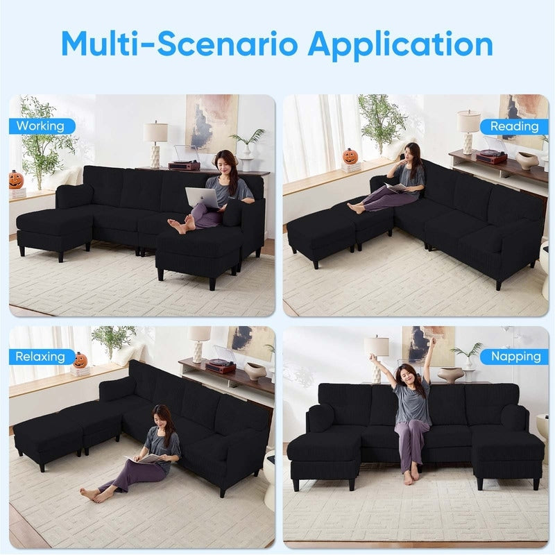 Canapé sectionnel convertible modulaire en U en velours côtelé Mixoy, canapé 4 places rembourré avec pouf amovible