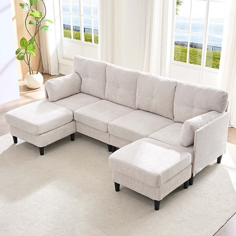 Canapé sectionnel convertible modulaire en U en velours côtelé Mixoy, canapé 4 places rembourré avec pouf amovible