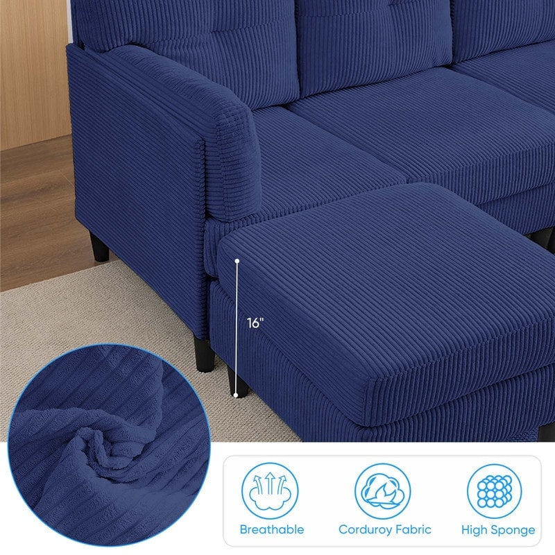Canapé sectionnel convertible modulaire en U en velours côtelé Mixoy, canapé 4 places rembourré avec pouf amovible