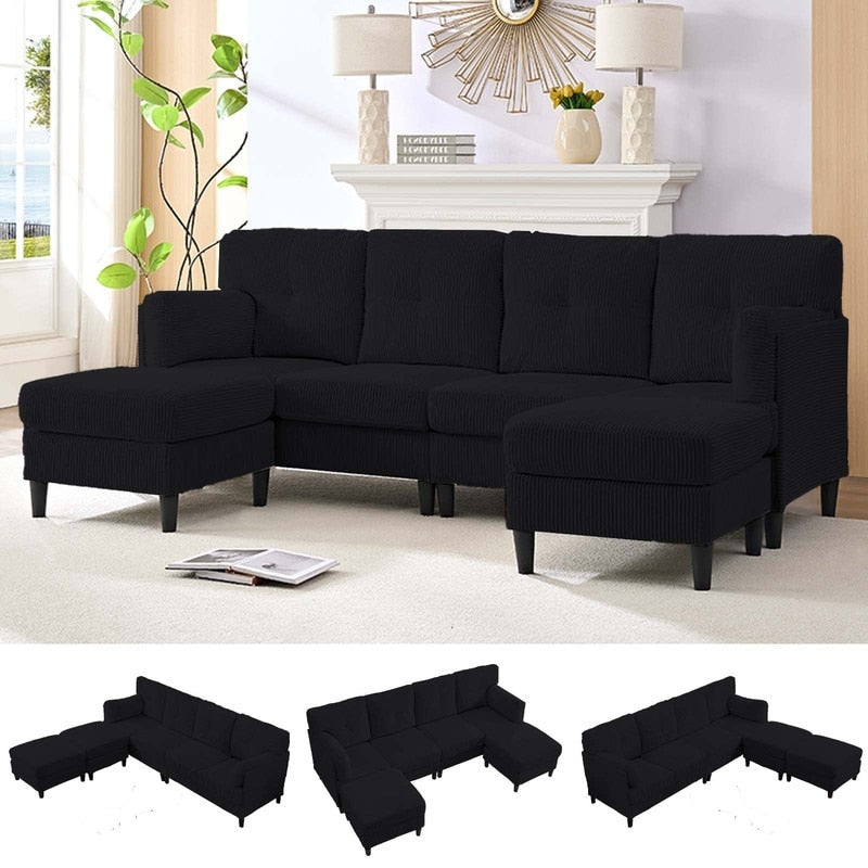 Canapé sectionnel convertible modulaire en U en velours côtelé Mixoy, canapé 4 places rembourré avec pouf amovible