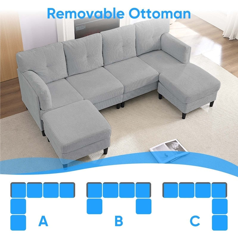 Canapé sectionnel convertible modulaire en U en velours côtelé Mixoy, canapé 4 places rembourré avec pouf amovible