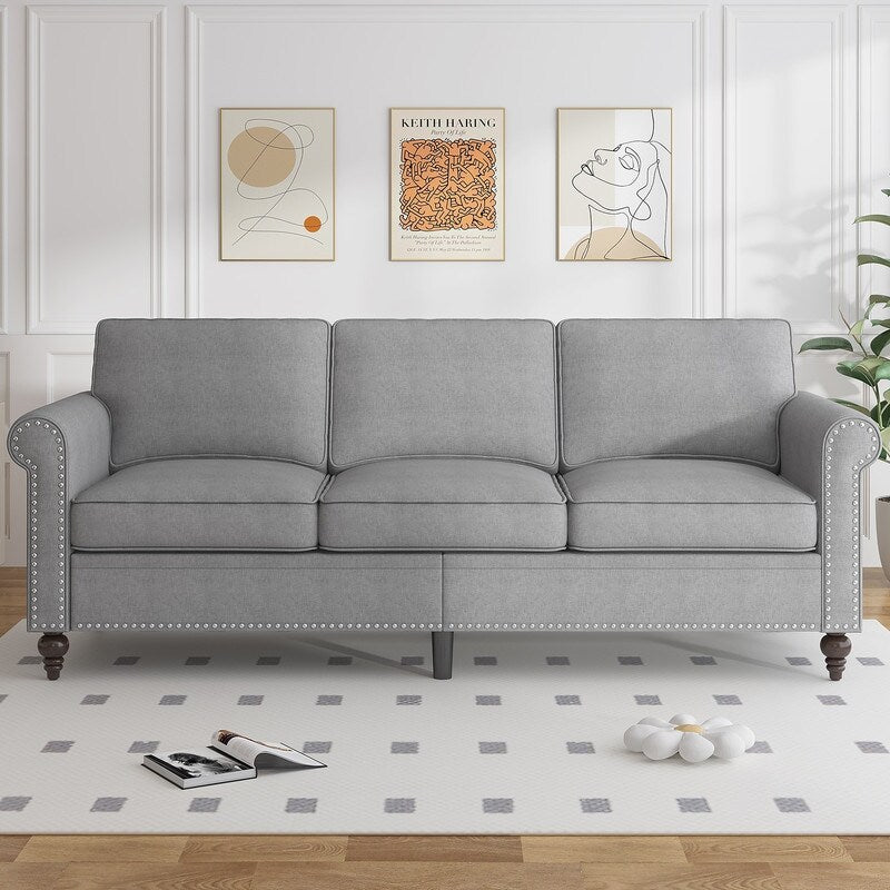 Canapé 3 places moderne Mixoy W76'' en lin doux avec motif riveté pour le salon
