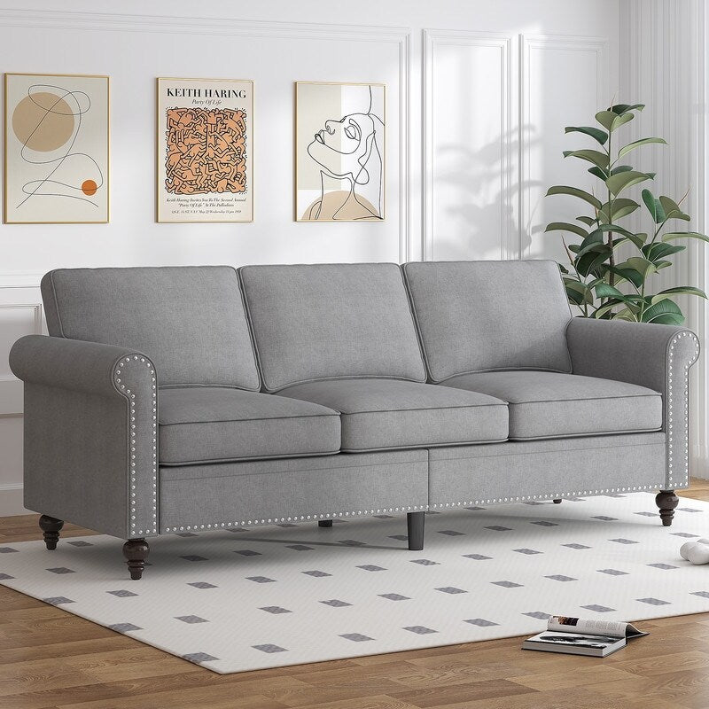 Canapé 3 places moderne Mixoy W76'' en lin doux avec motif riveté pour le salon