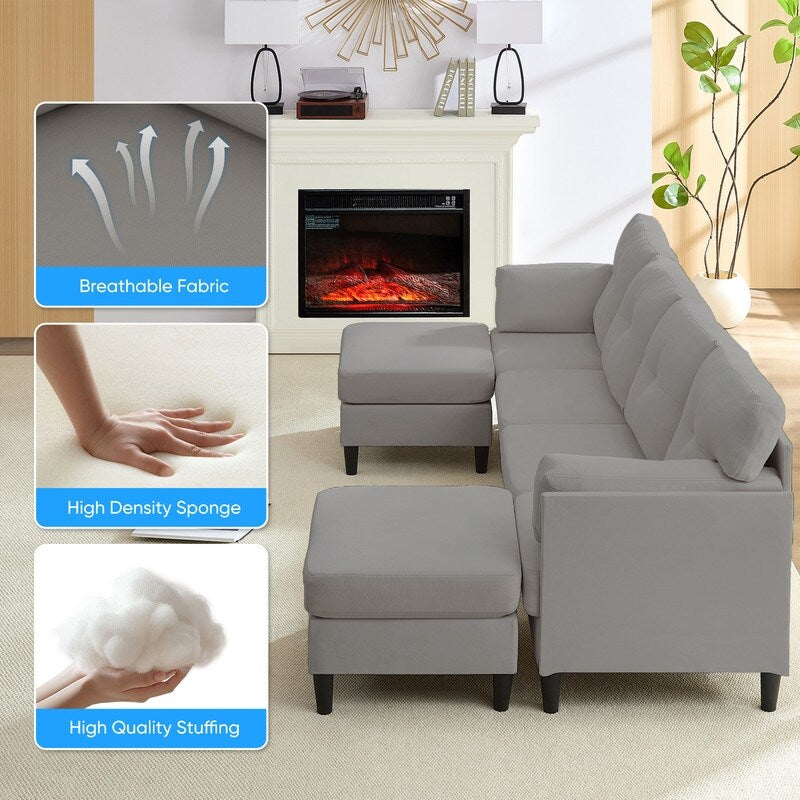 Canapé sectionnel Mixoy W87 en U, canapé convertible 4 places en velours avec poufs de rangement amovibles