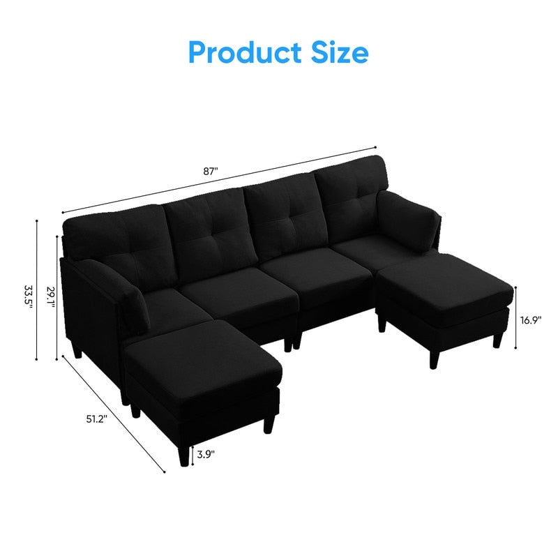 Canapé sectionnel Mixoy W87 en U, canapé convertible 4 places en velours avec poufs de rangement amovibles