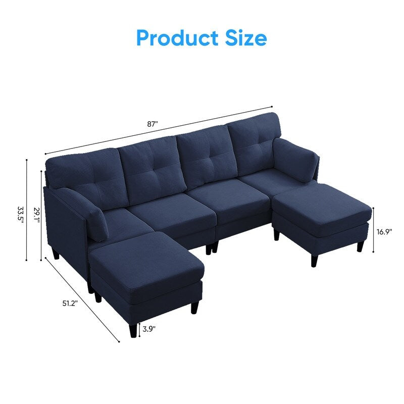 Canapé sectionnel Mixoy W87 en U, canapé convertible 4 places en velours avec poufs de rangement amovibles