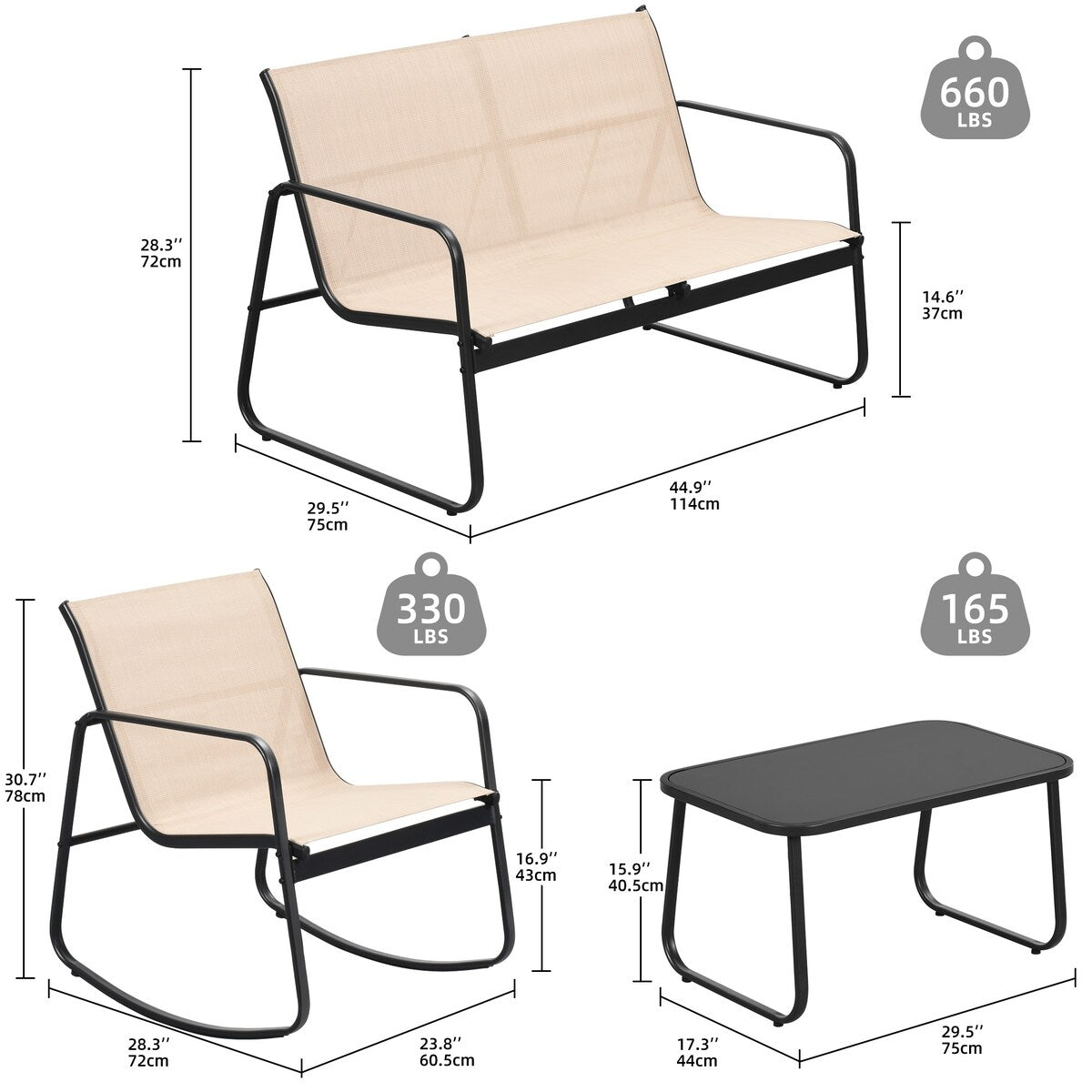 Ensemble de conversation extérieur Moasis 4 pièces avec chaises à bascule Bistro, causeuse et table en verre