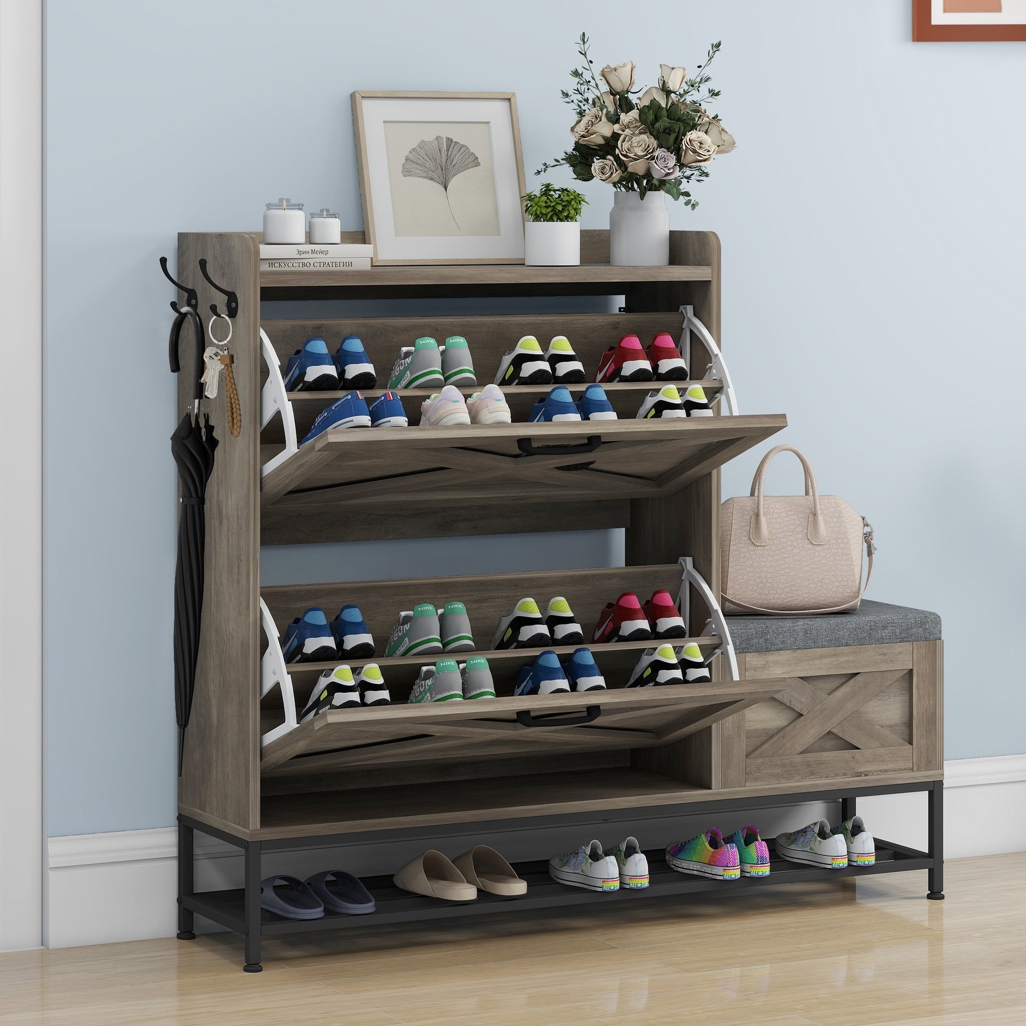 Meuble de rangement à chaussures Moasis Farmhouse avec 2 tiroirs rabattables pour 16 paires de chaussures d'entrée avec banc à chaussures