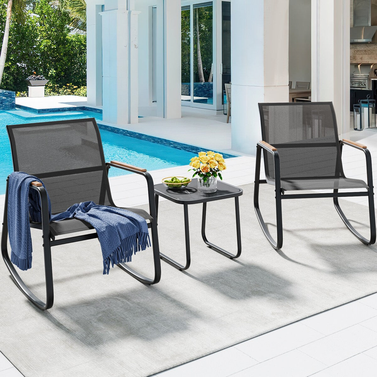 Ensemble de 3 chaises à bascule d'extérieur Moasis avec table d'appoint