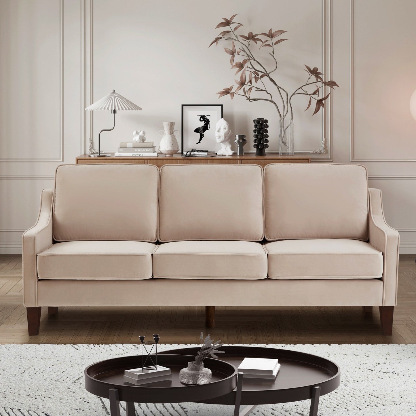 Canapé 3 places moderne avec accoudoirs arrondis et pieds en bois - 29,00 x 74,00 x 34,25