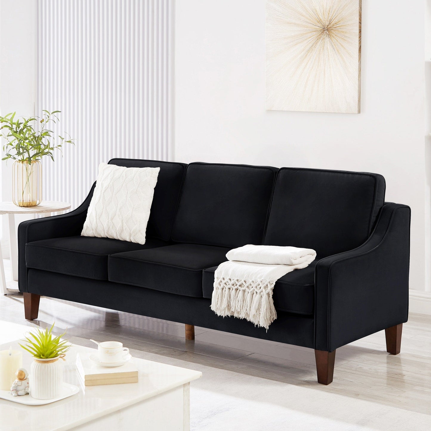 Canapé 3 places moderne avec accoudoirs arrondis et pieds en bois - 29,00 x 74,00 x 34,25