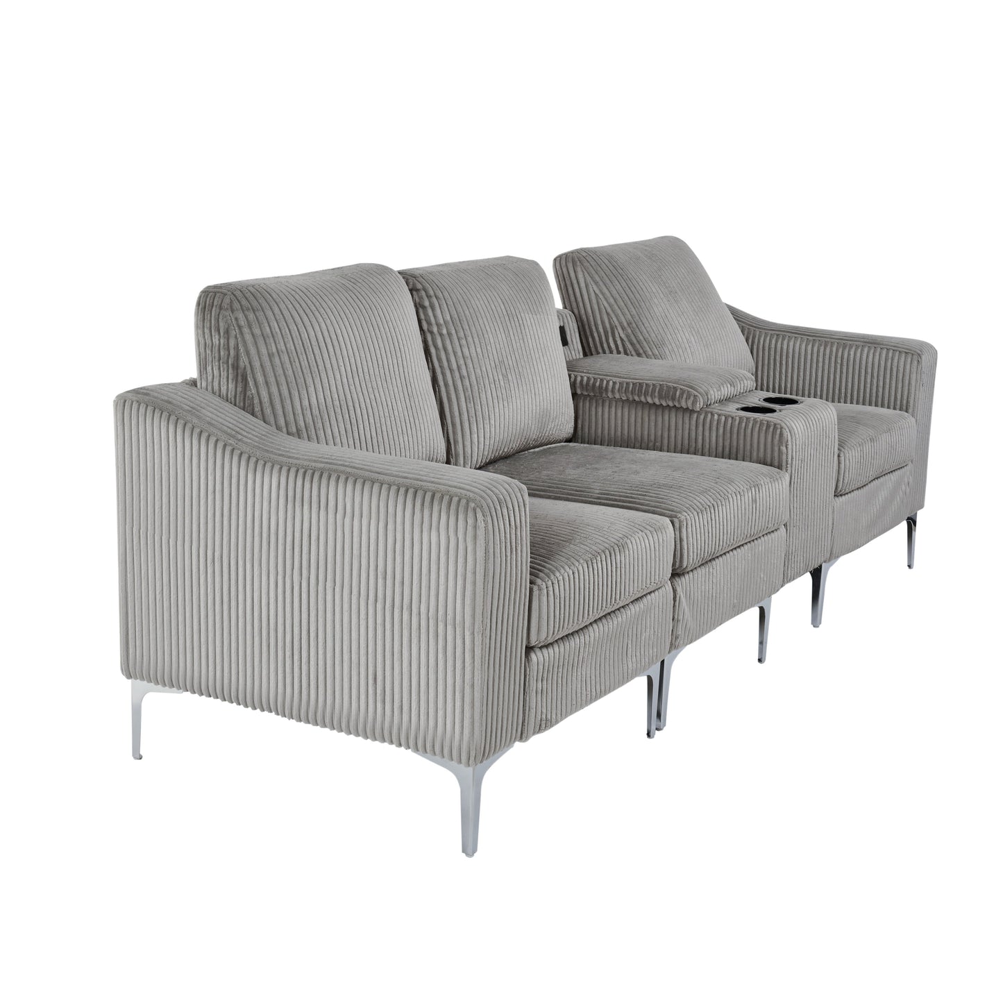 Canapé modulable moderne 3 places en velours côtelé avec ports USB et porte-gobelets pour salon d'appartement