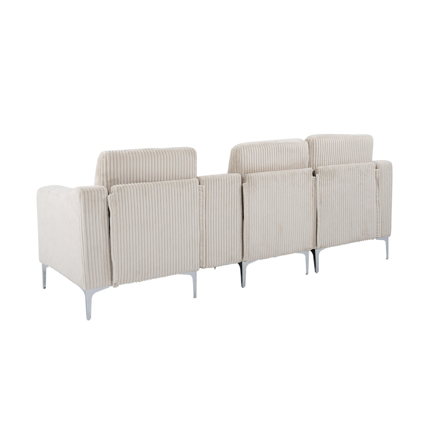 Canapé modulable moderne 3 places en velours côtelé avec ports USB et porte-gobelets pour salon d'appartement