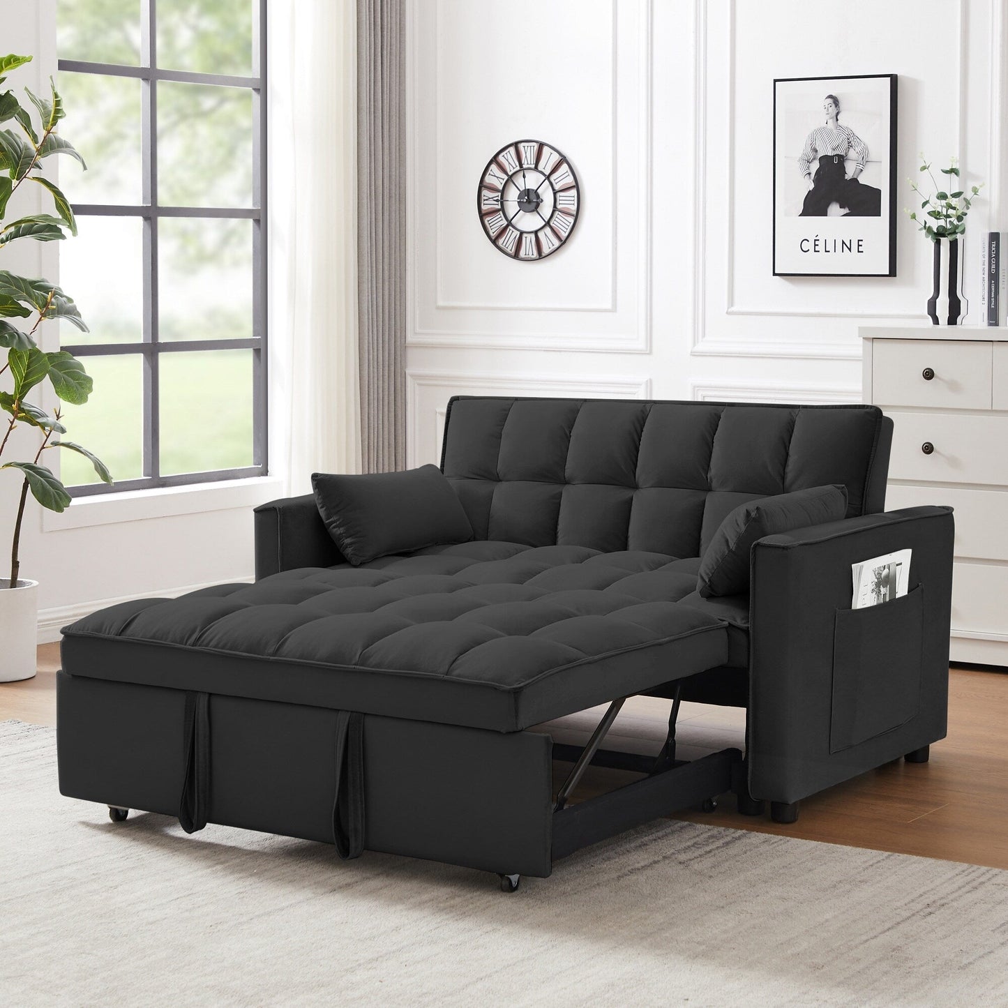 Canapé-lit futon convertible 3 en 1 en velours moderne avec lit gigogne