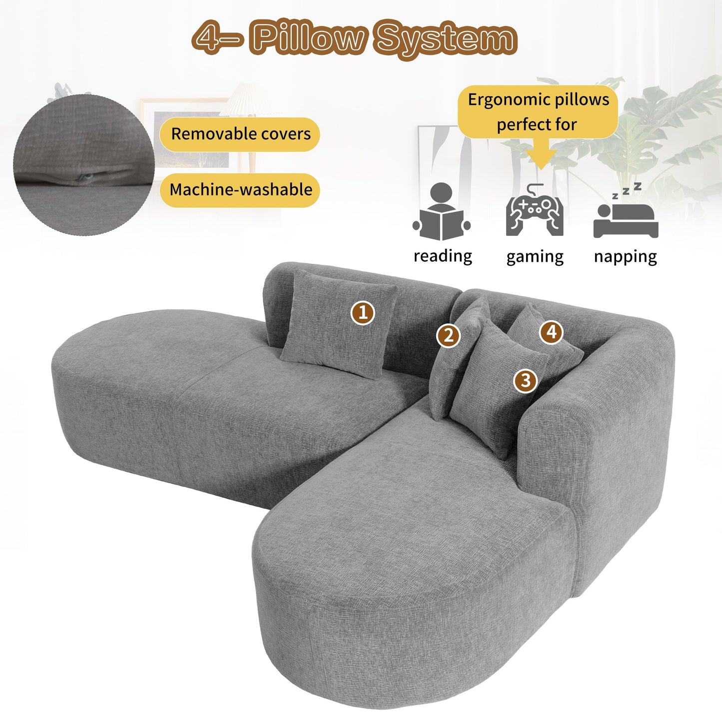Canapé sectionnel incurvé moderne 4 places avec 4 coussins moelleux pour salon et chambre à coucher