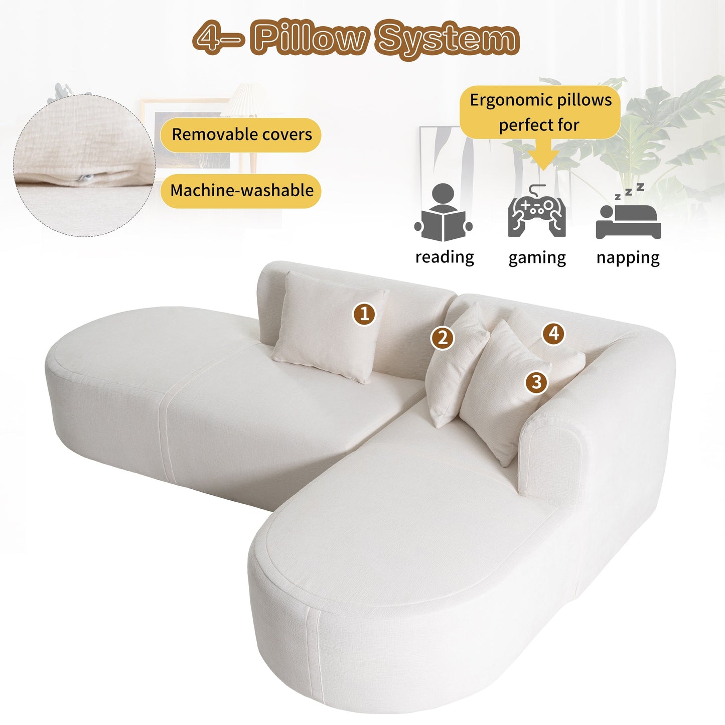 Canapé sectionnel incurvé moderne 4 places avec 4 coussins moelleux pour salon et chambre à coucher