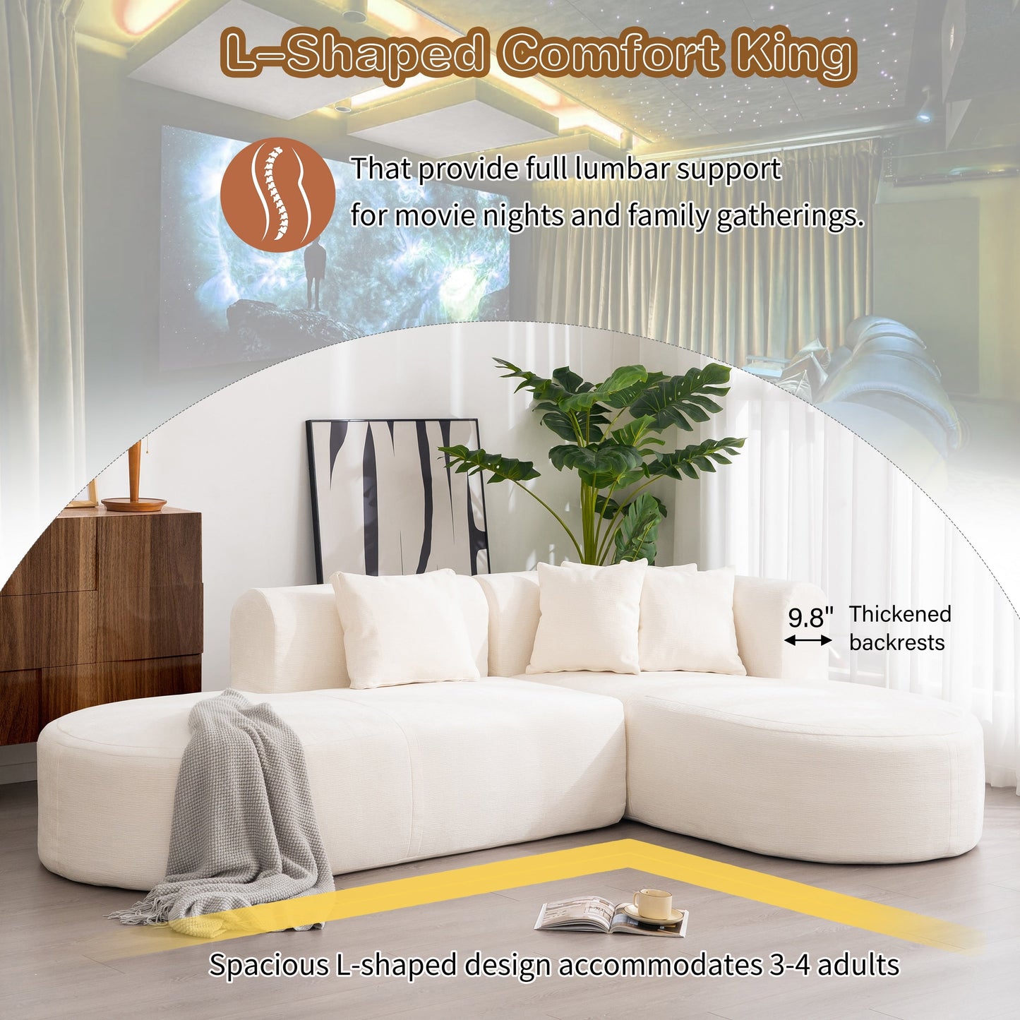 Canapé sectionnel incurvé moderne 4 places avec 4 coussins moelleux pour salon et chambre à coucher