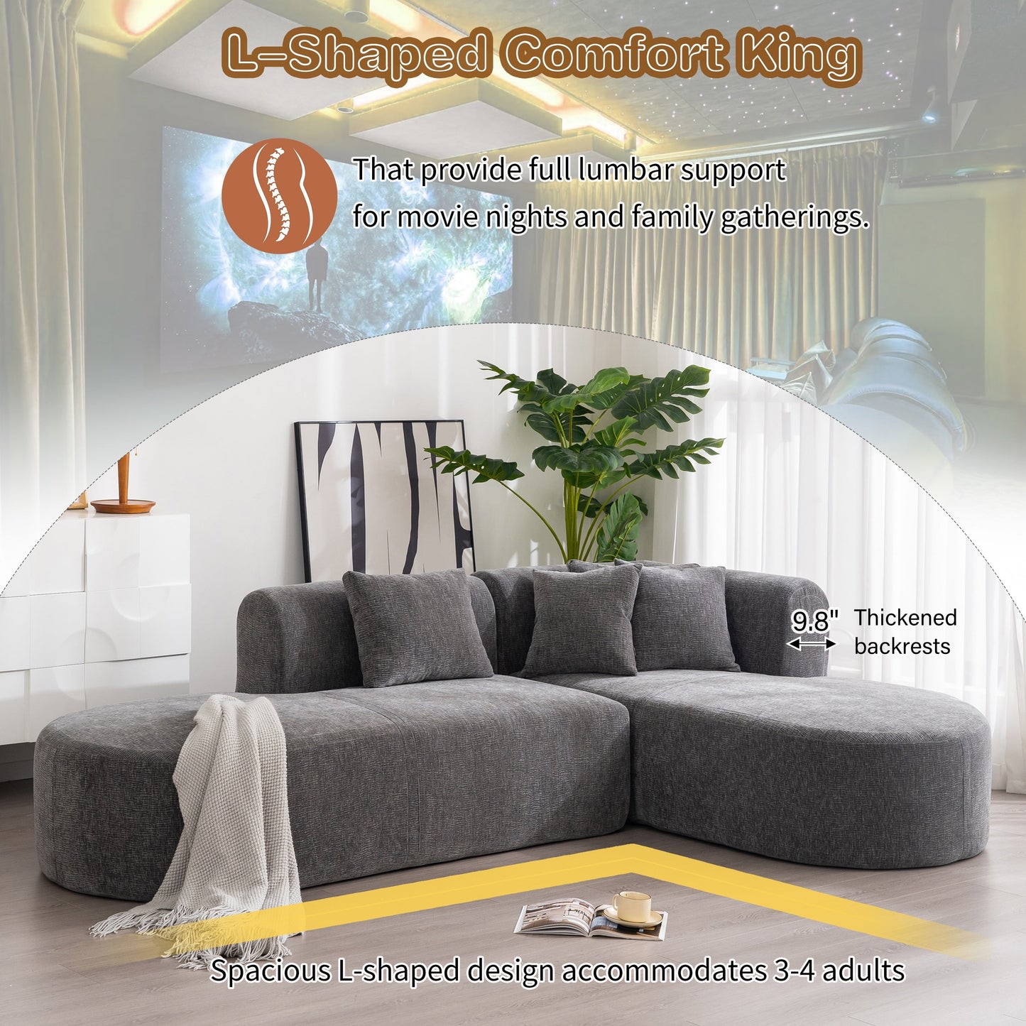 Canapé sectionnel incurvé moderne 4 places avec 4 coussins moelleux pour salon et chambre à coucher