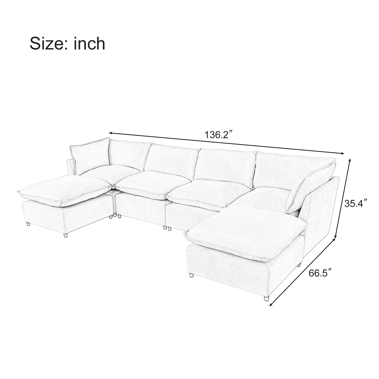 Canapé sectionnel modulaire moderne en U 6 pièces avec poufs amovibles et cadre en bois