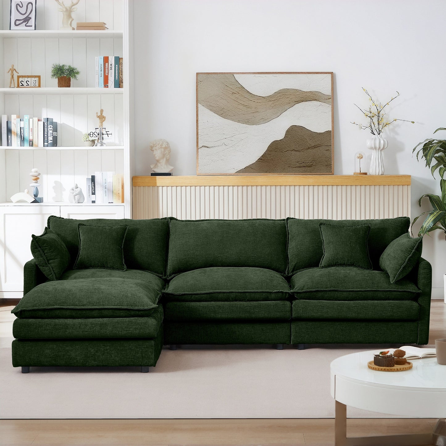 Canapé modulable en L 3 places en chenille moderne avec pouf amovible pour salon