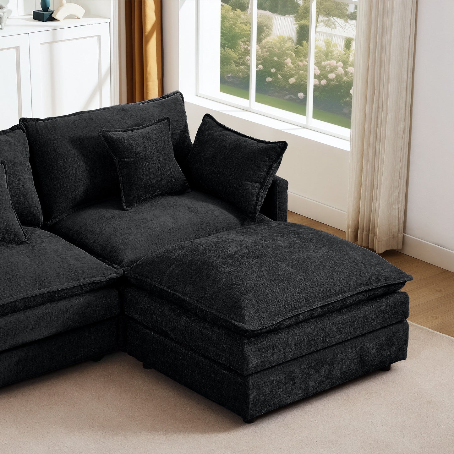 Canapé modulable en L 3 places en chenille moderne avec pouf amovible pour salon