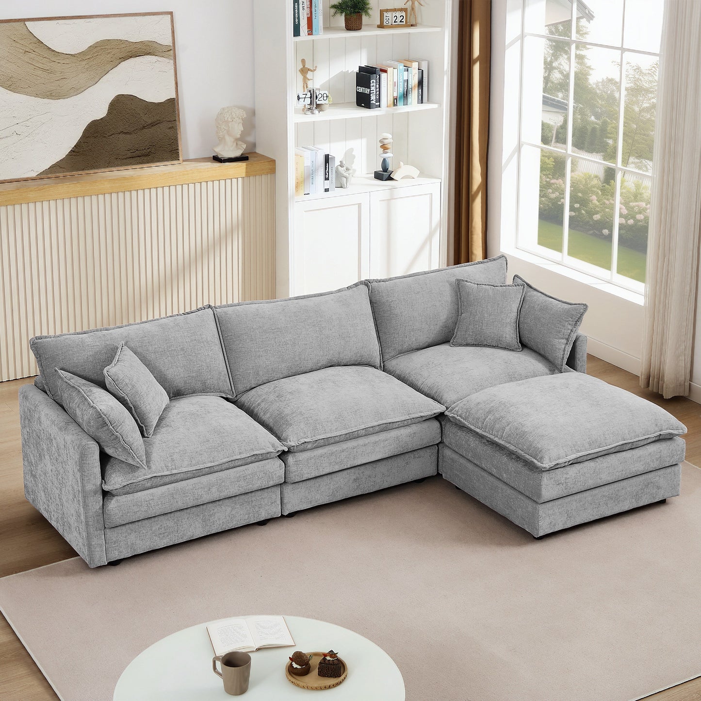 Canapé modulable en L 3 places en chenille moderne avec pouf amovible pour salon
