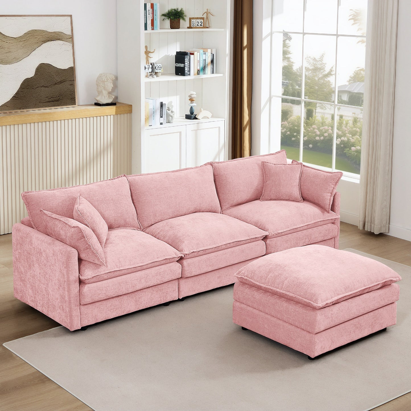 Canapé modulable en L 3 places en chenille moderne avec pouf amovible pour salon