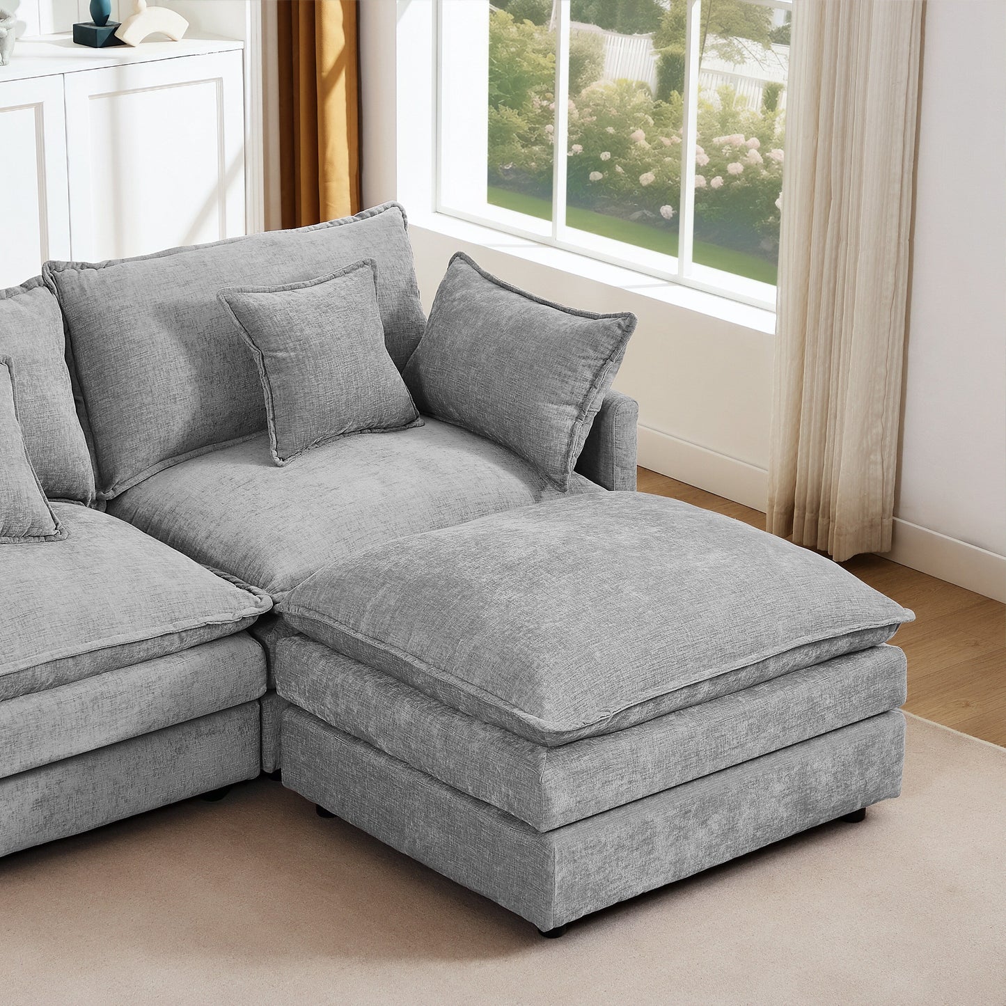 Canapé modulable en L 3 places en chenille moderne avec pouf amovible pour salon