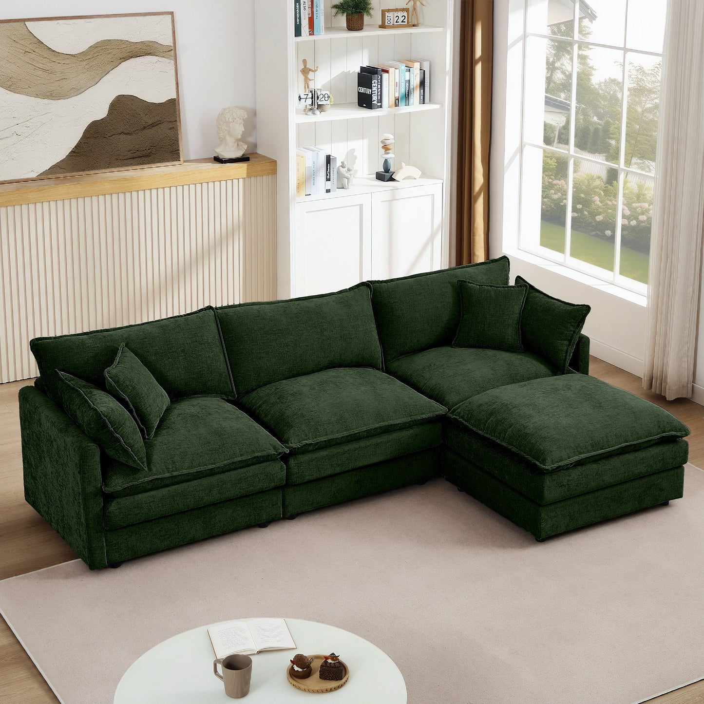 Canapé modulable en L 3 places en chenille moderne avec pouf amovible pour salon