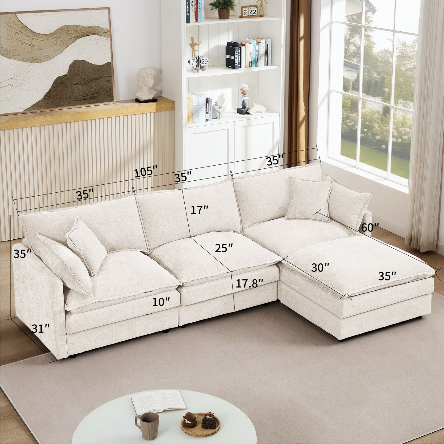 Canapé modulable en L 3 places en chenille moderne avec pouf amovible pour salon