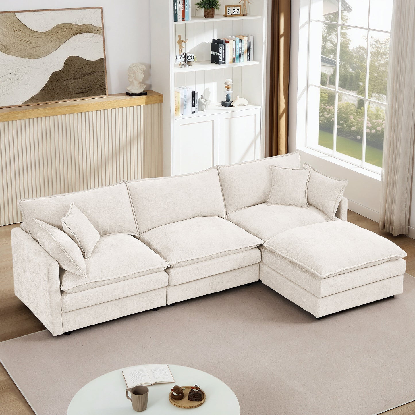 Canapé modulable en L 3 places en chenille moderne avec pouf amovible pour salon