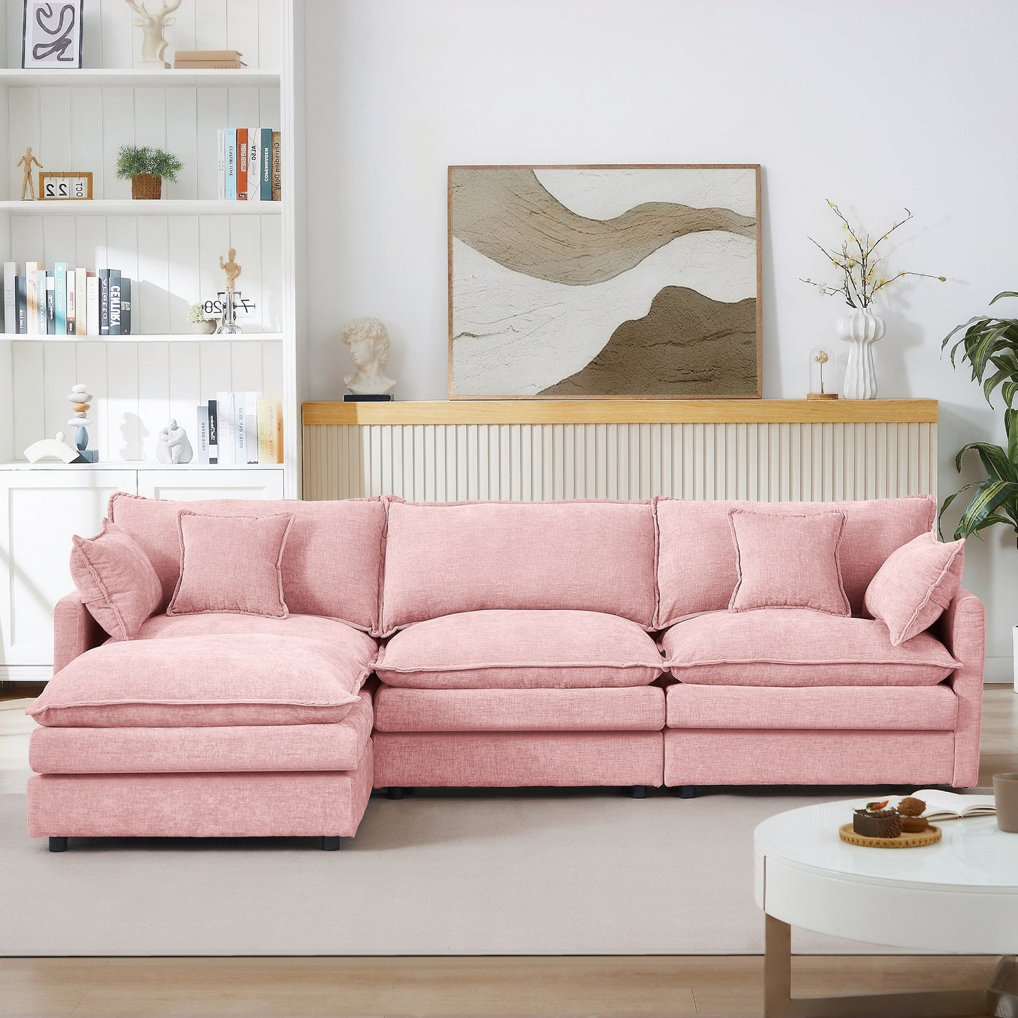 Canapé modulable en L 3 places en chenille moderne avec pouf amovible pour salon