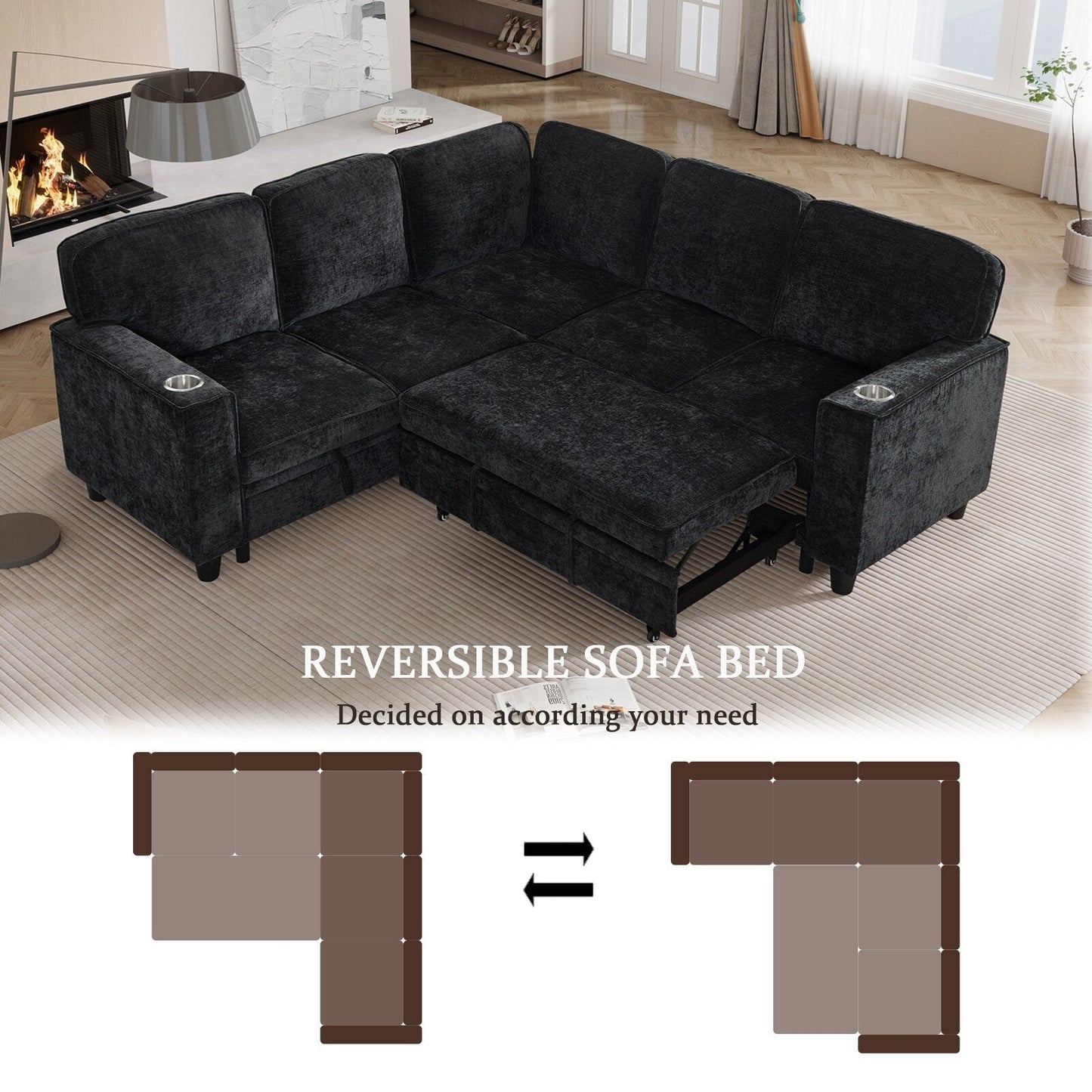 Canapé-lit sectionnel 5 places en L en chenille moderne avec rangement, ports USB et porte-gobelets pour le salon