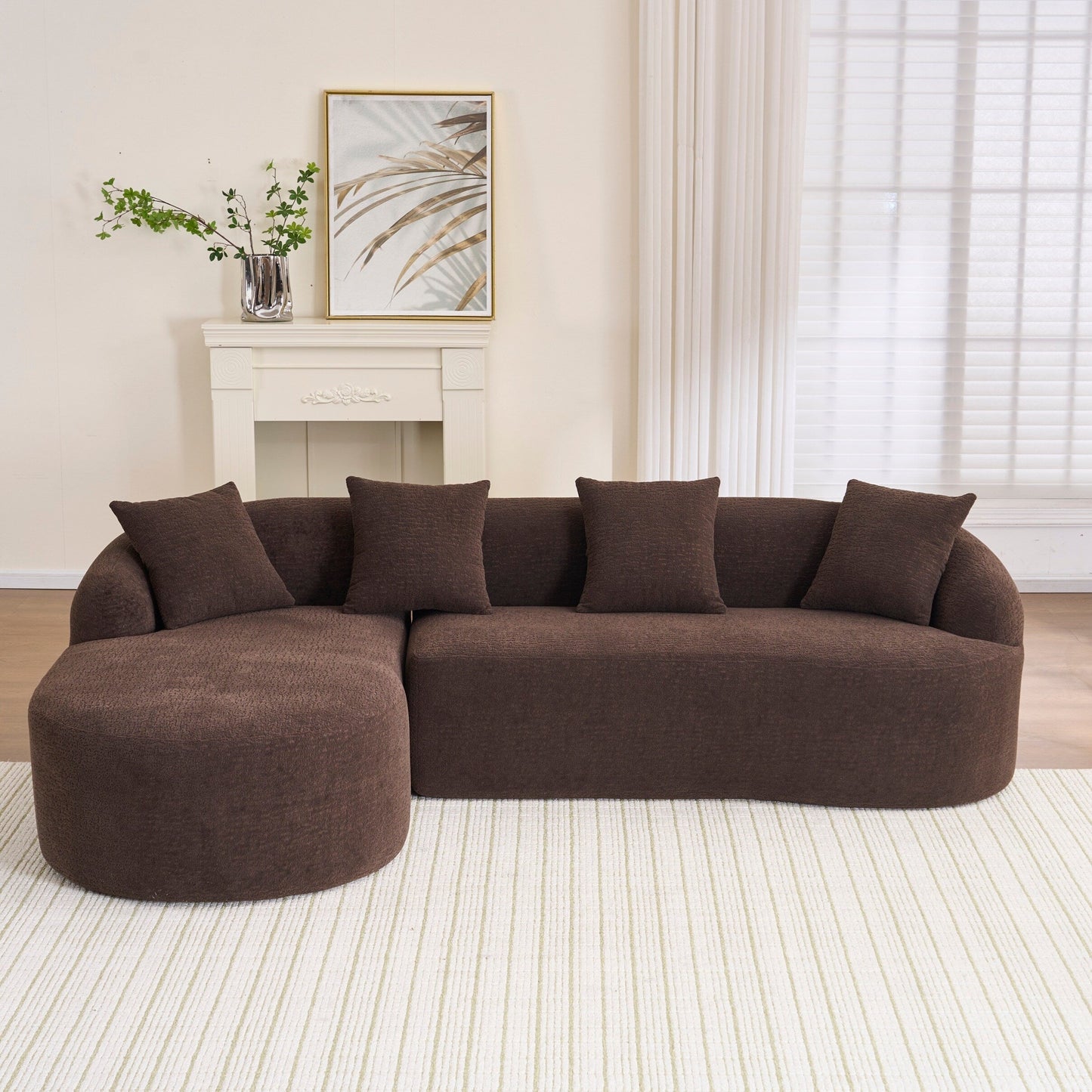 Canapé modulaire moderne en forme de L en chenille avec méridienne incurvée et 4 coussins pour le salon