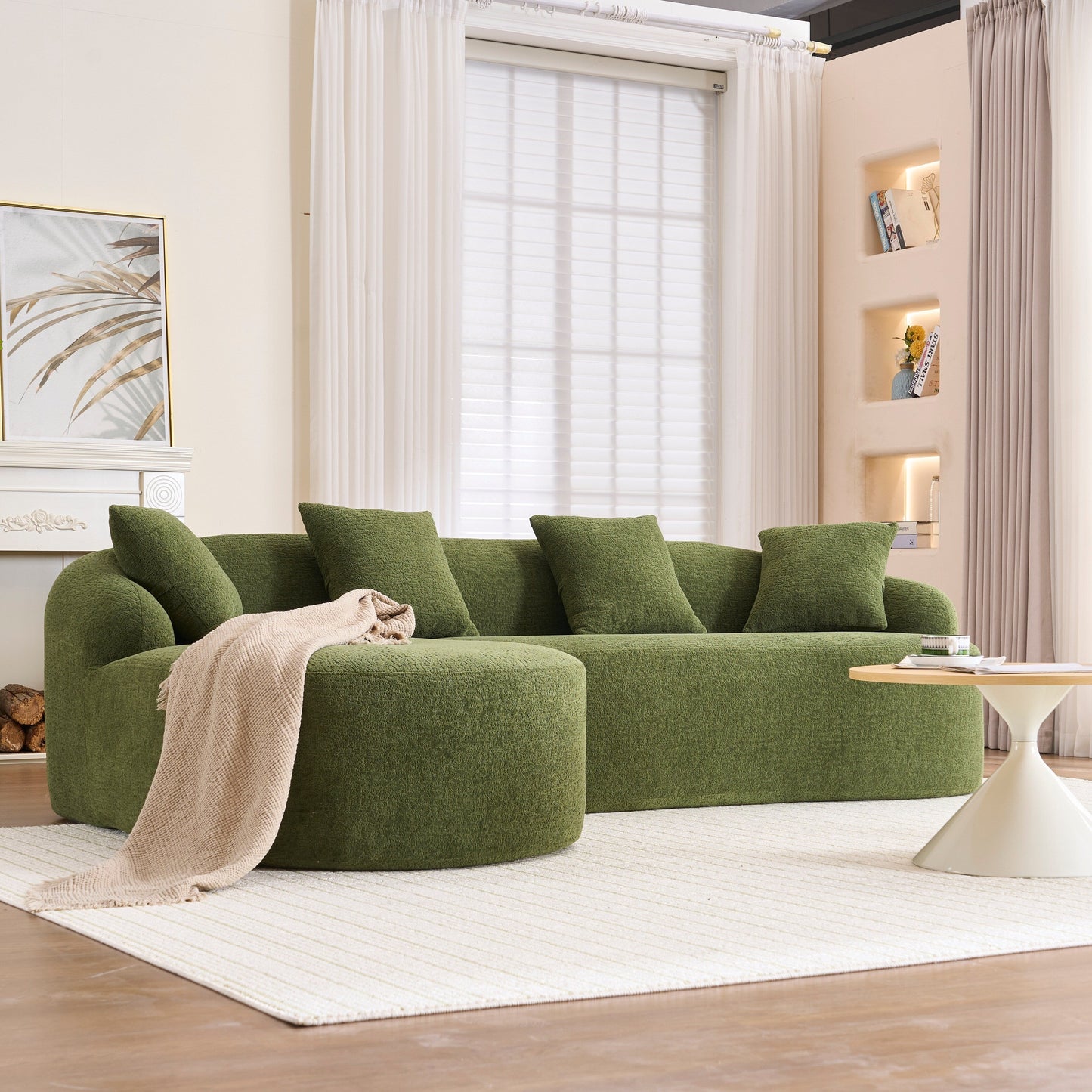 Canapé modulaire moderne en forme de L en chenille avec méridienne incurvée et 4 coussins pour le salon