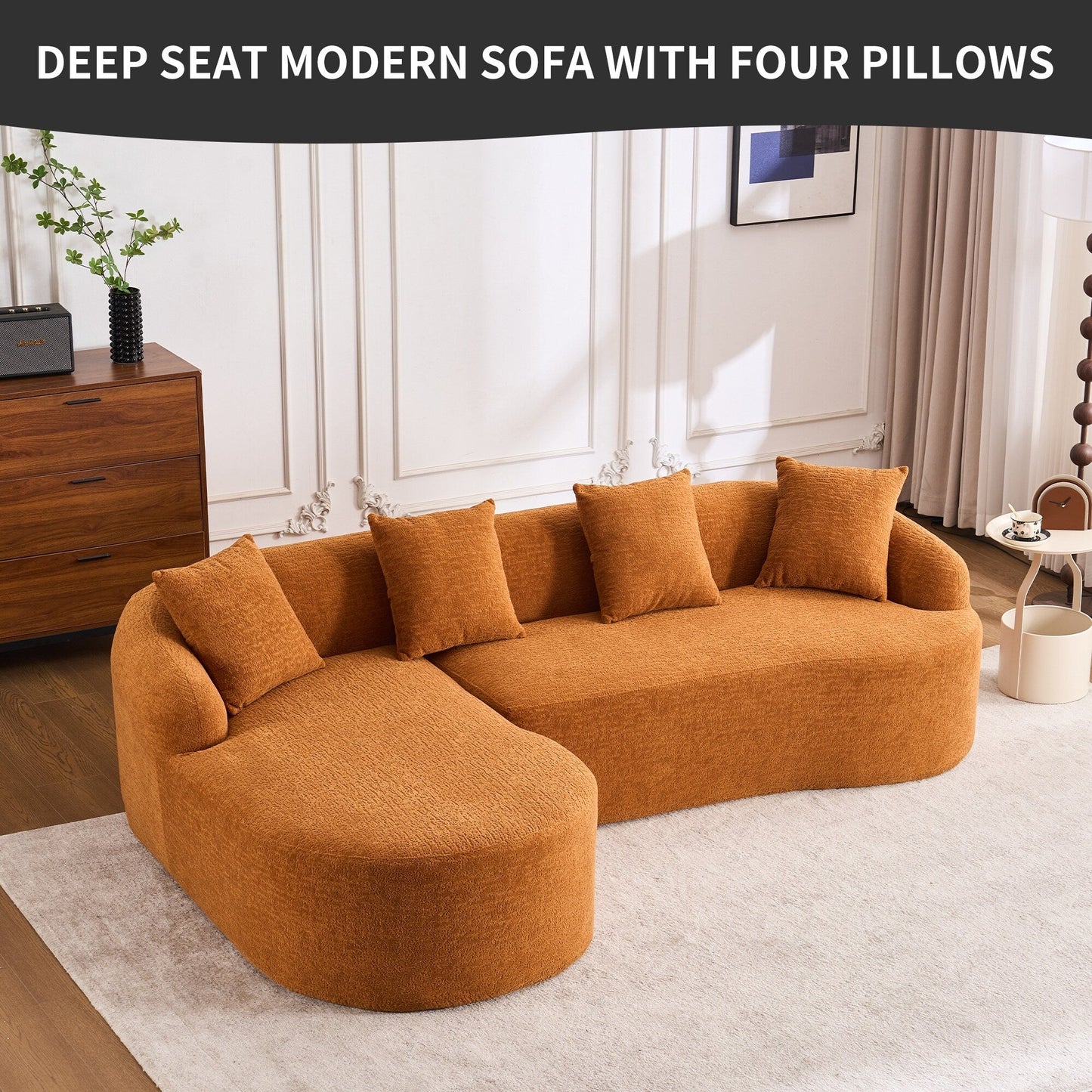 Canapé modulaire moderne en forme de L en chenille avec méridienne incurvée et 4 coussins pour le salon