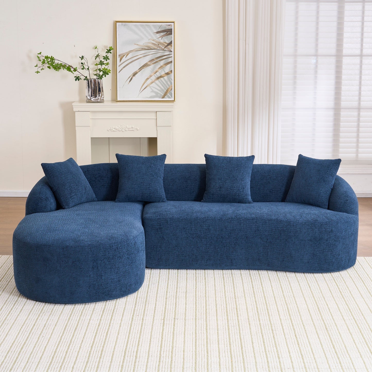 Canapé modulaire moderne en forme de L en chenille avec méridienne incurvée et 4 coussins pour le salon