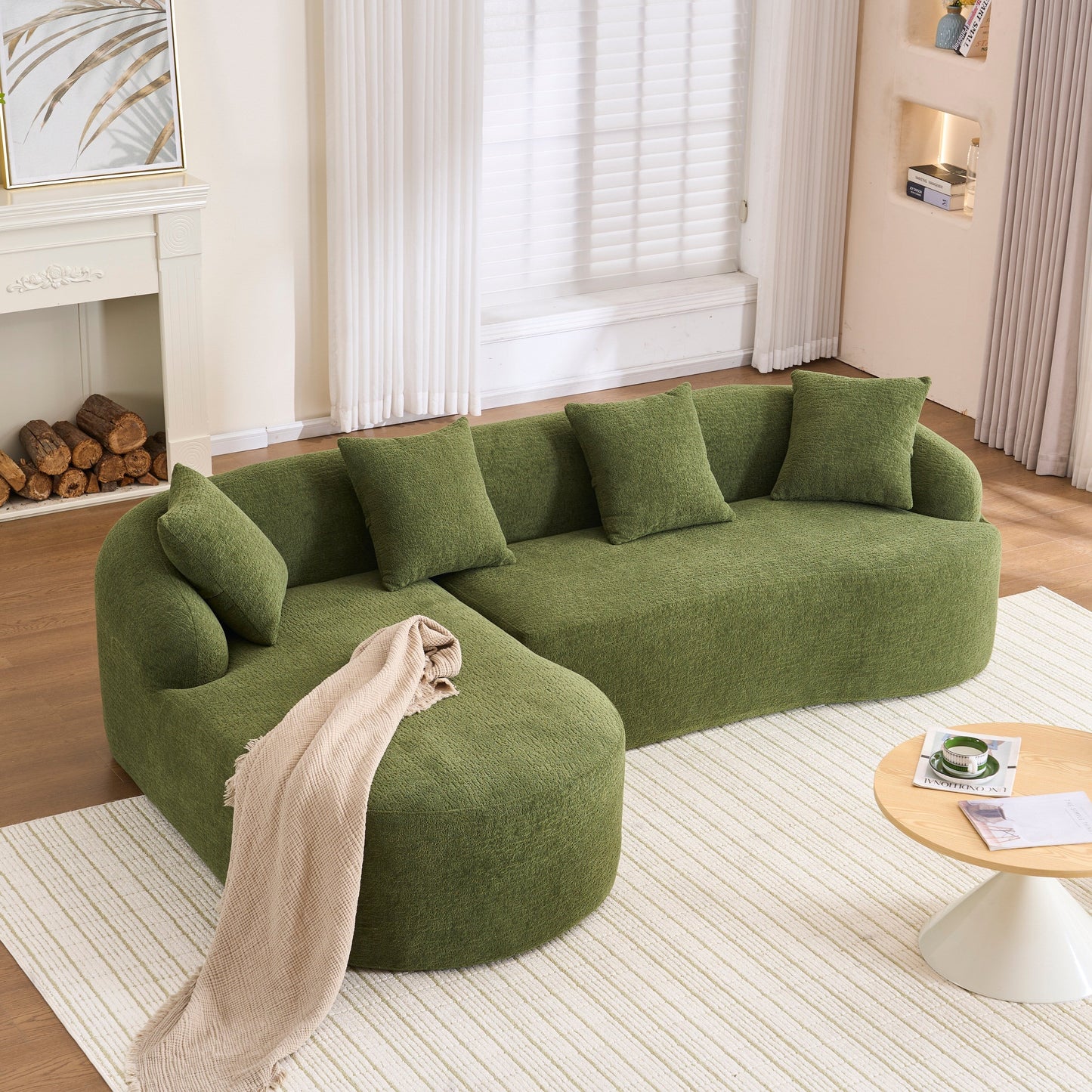 Canapé modulaire moderne en forme de L en chenille avec méridienne incurvée et 4 coussins pour le salon