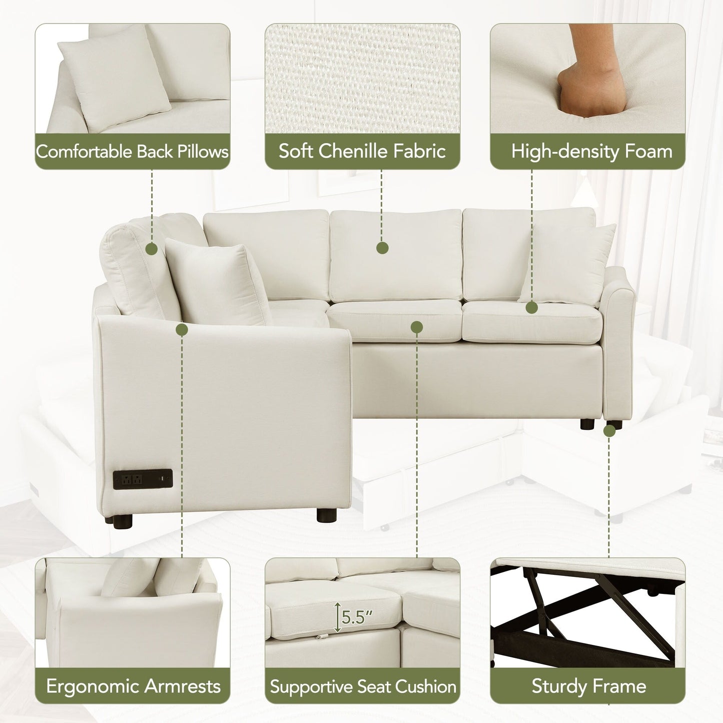 Canapé sectionnel moderne en chenille en forme de L avec lit gigogne, ports de charge USB et prises de courant pour le salon
