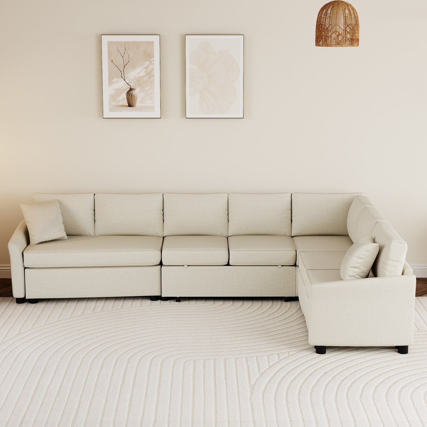 Canapé sectionnel moderne en chenille en forme de L avec lit gigogne, ports de charge USB et prises de courant pour le salon