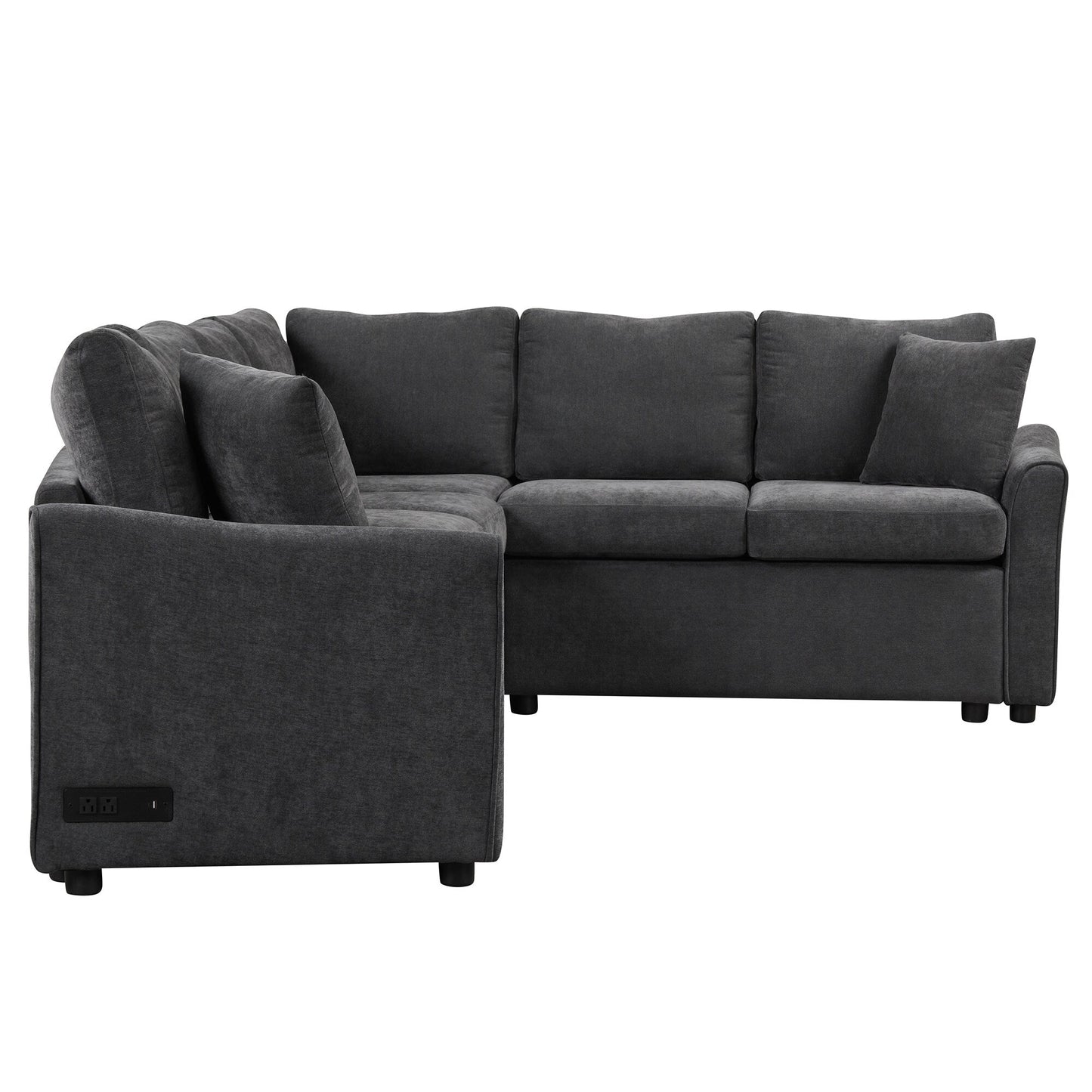 Canapé sectionnel moderne en chenille en forme de L avec lit gigogne, ports de charge USB et prises de courant pour le salon